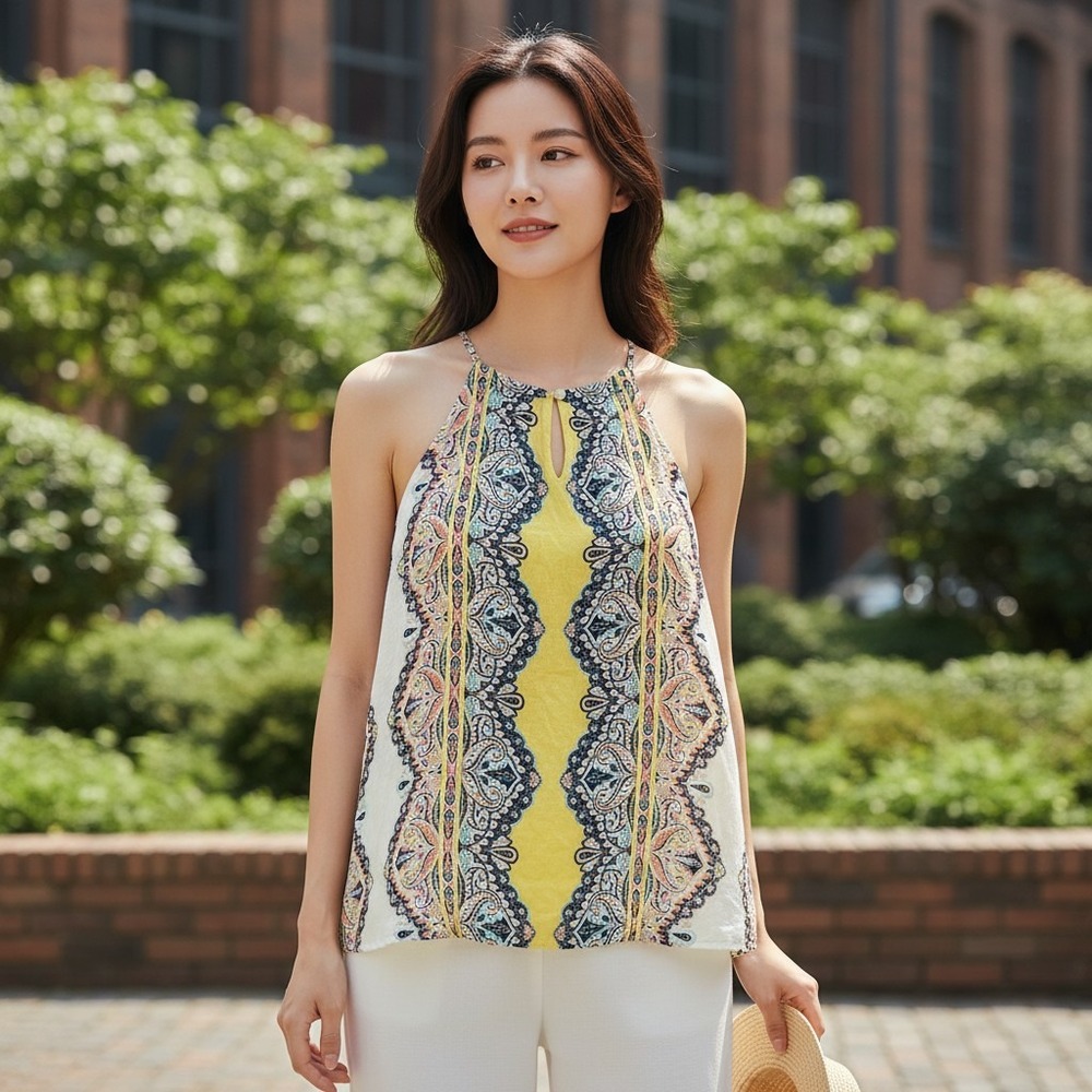 Verse Paisley Medallion Tank Top Made in USA L Boho Summer Sleeveless Tank